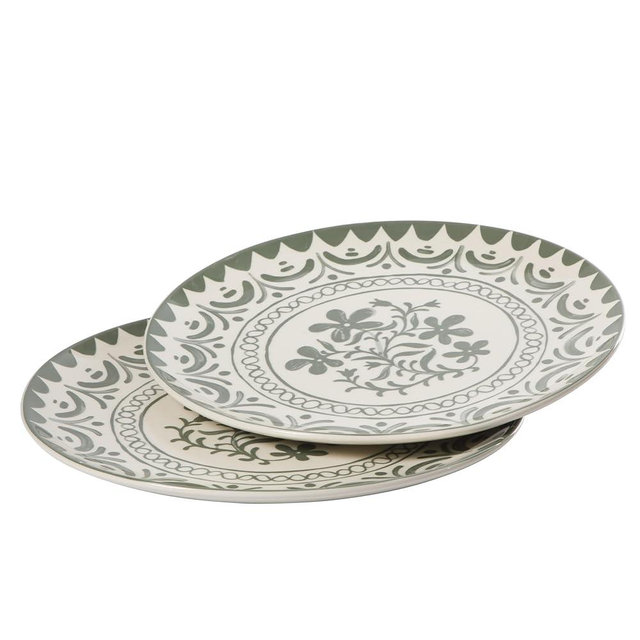 Bloomhouse - 2-Time Oprah’s Favorite Things - Valencia Flor 2 Piece 13” Serving Platter Set, Stoneware Platters, Mediterranean Floral Decal Design, Microwave & Dishwasher Safe, Fern Green