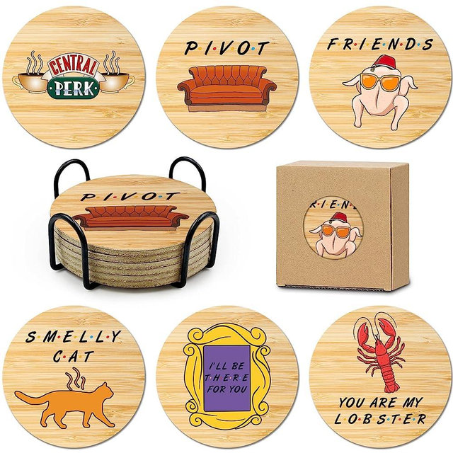 HSSPIRITZ 6 PCS Friends Cork Coasters for Drinks,Friends TV Show Merchandise,Funny Coasters Set with Coaster Holder,Coasters for Coffee Table Tea Table bar,Friends TV Themed Gifts for Fans
