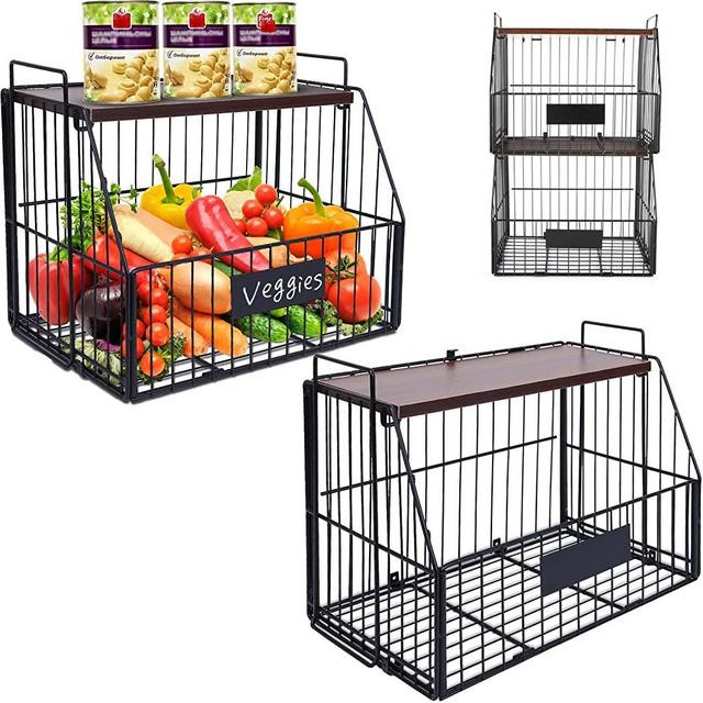 2 Set Fruit Basket Onion Storage Wire Baskets with Wood Lid, Stackable Wall-mounted ​Countertop Tiered Produce Basket Kitchen Counter Organizer for Snack Fruit and Vegetable Storage, 13*9.5*9.5 Inches