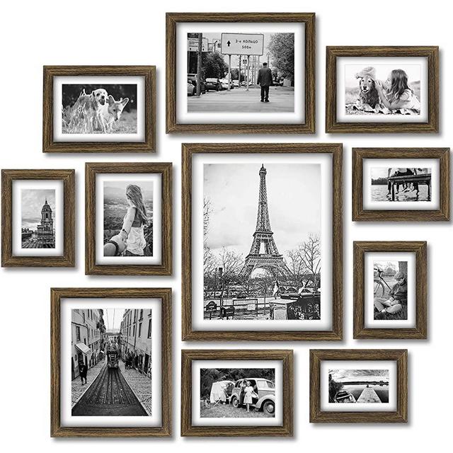 Homemaxs Picture Frame Set Collage 11 PCS - Family Rustic Wood Photo Frame with Four 4x6 in | Four 5X7 in | Two 8X10 in | One 11X14 in- Gallery Wall Frames with Mat for Wall or Desktop - Rustic Bronze
