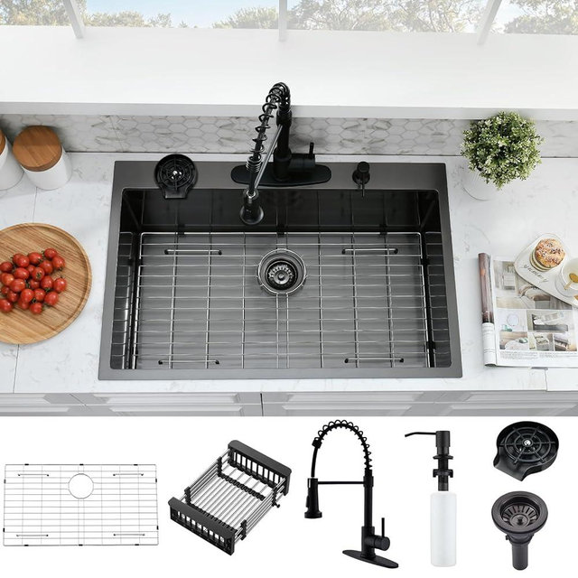 SOMRXO 33x22 Drop In Kitchen Sink and Faucet Combo Set, Black Stainless Steel Kitchen Sink with Cup Washer,9 Inch Deep Single Bowl with Accessories, Heavy-Duty & Easy-Clean Design