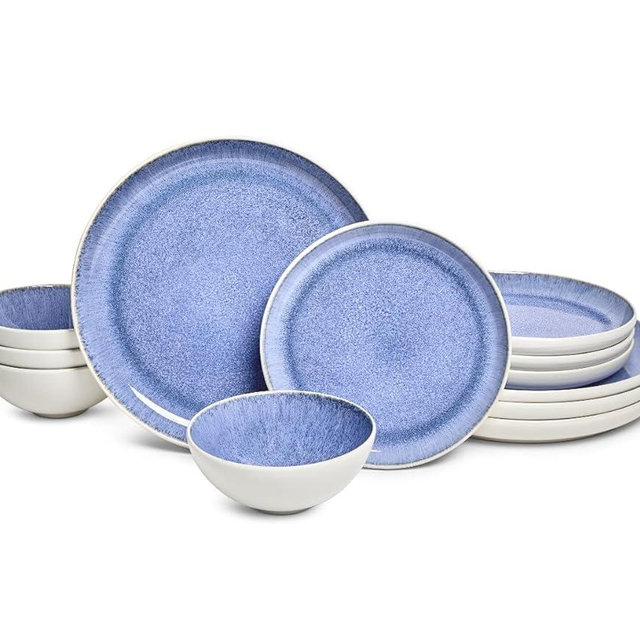 Sango Cove 12-Piece Blue Stoneware Dinnerware Set – Service for 4, Plate & Bowl Set, Blue with a White Speckled Underglaze, for Daily Dining & Entertainment, Microwave & Dishwasher Safe