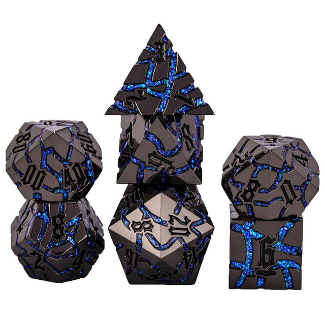 DND Crack Stripe Dice,Metallic Glitter Dice Set with Gift Box,Metal Polyhedral D&D Dice for Role Playing Game(Black Nickel Blue)