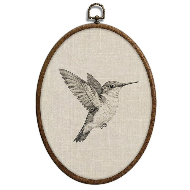 Hummingbird Sketch Oval Wall Art, Vintage Black and White Bird Oval Framed Wall Art, Waterproof Cottage Core Home Decor for Western Farmhouse Bedroom Living Room, Home Retro Decor Products, 03