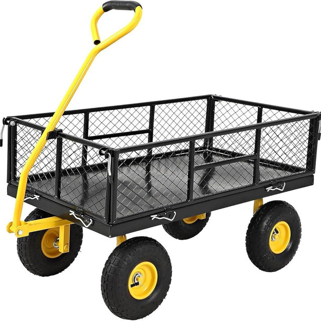 900 Lbs Heavy Duty Steel Garden Cart, Garden Wagon Cart on Wheels, Outdoor Metal Yard Utility Wagon Carts with and Mesh Removable Sides(Convert to Flatbed) and 180°Rotating Handle