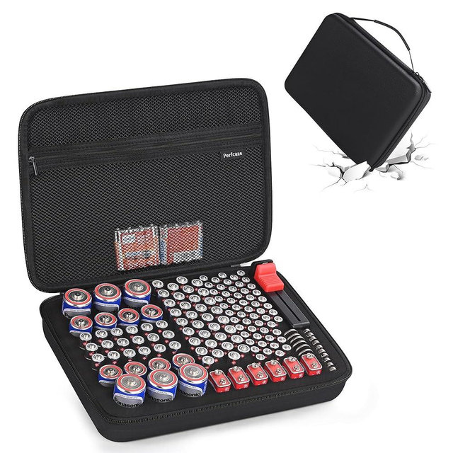 Perfcaze Battery Organizer Storage Case for AA AAA C D 9V, for 7 Batteries Variety Pack 111 Batteries Mesh Bag (Battery Not Included)