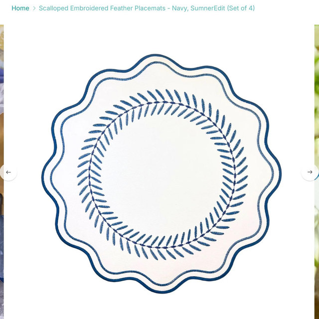 Scalloped Embroidered Feather Placemats - Navy, SumnerEdit (Set of 4)