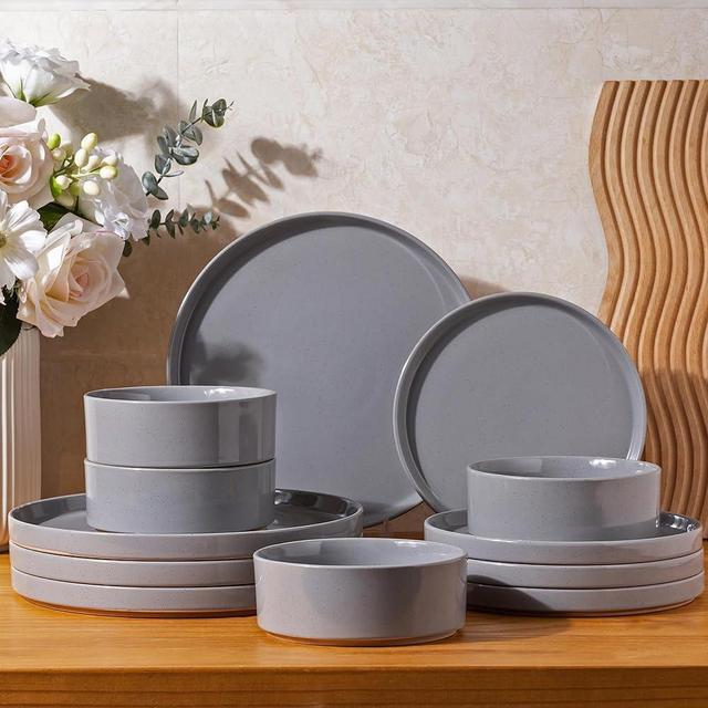 AmorArc Ceramic Dinnerware Set for 4 | Speckled Stoneware Plates and Bowls with unglazed terracotta | Scratch Resistant, Dishwasher & Microwave Safe Dishes Sets- 12-Pcs Gray