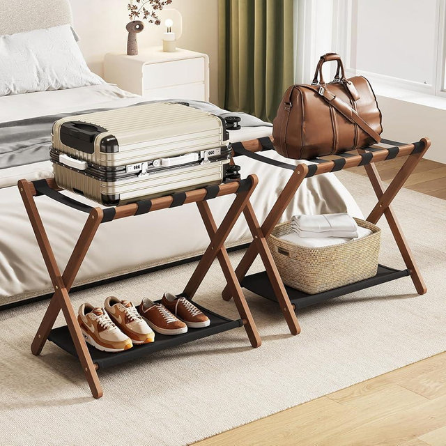 Fully Assembled Walnut Luggage Racks Set of 2, Bamboo 26.77" Luggage Rack Stand for Guest Room, 5 Nylon Straps, Foldable Suitcase Stand with Storage Shelf for Bedroom Hotel, Holds up to 165 Lbs