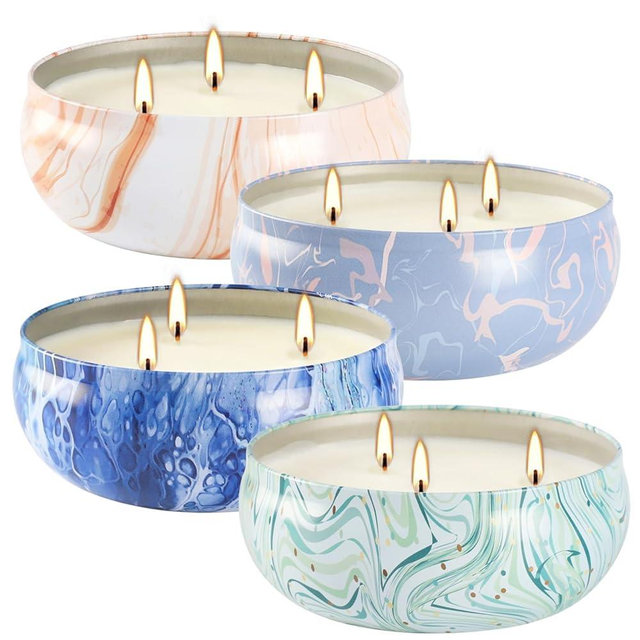 Set of 4 Triple Wick Marble-Style Citronella Scented Candles Natural Soy Wax Summer Outdoor Candles for Outside Indoor Patio Home Garden Yard Balcony Camping Porch BBQ.