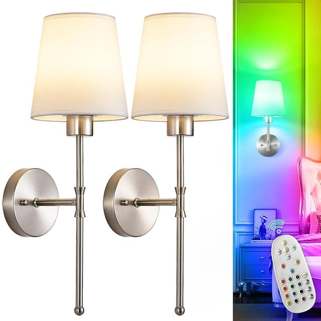 Depuley Battery Operated Wall Sconce: Set of 2 19.9 Inch Wireless Wall Lights with Remote for Bedroom - Rechargeable 15 Colors Wall Lamp for Living Room Hallway Decor - Brushed Nickel