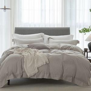 Hemmed Beige Grey, Cooling King Duvet Cover Set 3 Pieces-100% Washed Cotton with Chic Wide Trim Design Linen Like Textured Ultra Soft Cozy Bedding with Zipper Closure(Hemmed Beige Grey,King 104"x90")