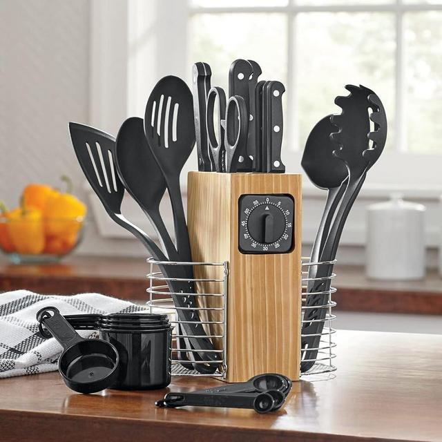Montgomery Ward 25-Piece Cutlery and Utensil Set, Black - Apartment Essentials Kitchen Prep Kit with Full-Tang Knives (Black)
