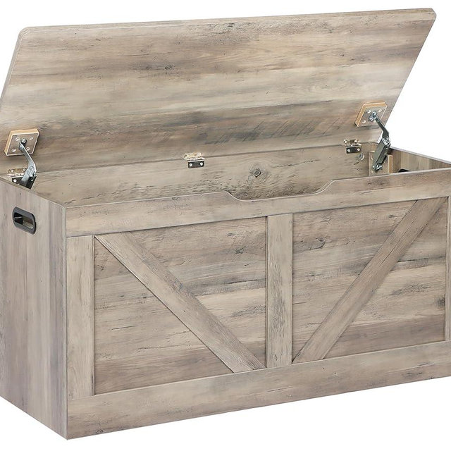 Timberer 39.4" Storage Chest, Wooden Storage Bench, Large Storage Trunk with 2 Safety Hinges, Entryway Shoes Bench for Living Room,Bedroom, Grey