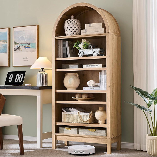 IFGET 71" Tall Arched Bookshelf, 7 Tiers Arch Bookcase with Storage, Modern Farmhouse Book Shelf with Adjustable Shelves, Wood Bookshelf w/Open Display Shelves for Living Room, Office (Natural)