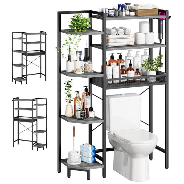 Roxibelt K1 Heavy Duty 7-Tier Over The Toilet Storage（with Basket and Paper Hook） Freestanding Above Toilet Shelf with Adjustable Feet，Space Saver Bathroom Shelves 9.3" D x 33.5" W x 63.8" H，Grey