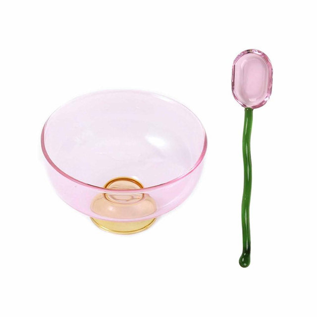 TMXAOK Glass Dessert Bowls with Spoon Candy Color Ice Cream Fruit Snack Candy Yogurt Small Bowls Set Colorful Cocktail Beverage Stirring Spoons for Cafe Wedding Holiday Party (Pink)