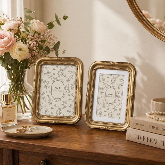 Vintage Ornate Antique Gold Photo Frame | 5x7 4x6 Beaded Picture Frame Set | Embossed Scalloped Frame | Retro Home Decor
