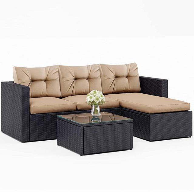 Outdoor Patio Furniture Sets Rattan Sectional Patio Sofa Wicker Patio Conversation Set Outdoor Couch Outdoor Sofa for Garden Backyard Lawn with Glass Table (Beige)