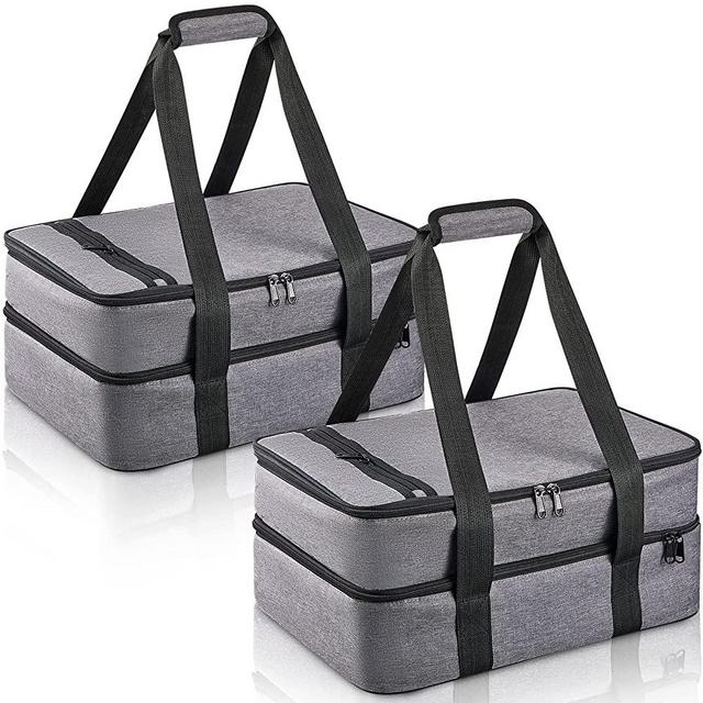 2 Pieces Double Decker Insulated Casserole Carrier Lasagna Holder Tote Food Warmer Bag Expandable Food Transport Containers Fits 9 x 13 Inches Baking Dish for Potluck Parties Picnic Trip Camping, Grey