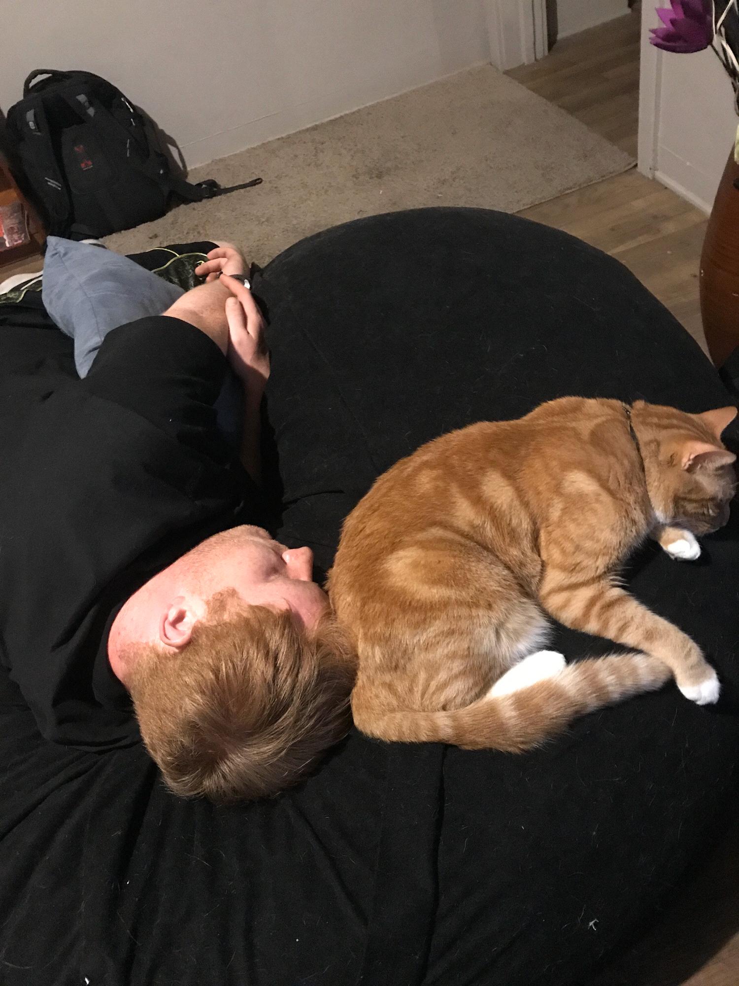 My boys napping on the bean bag chair (RIP)