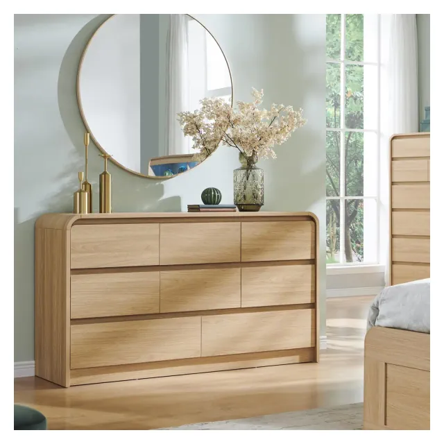 SinCiDo Modern 8 Drawer Dresser, Curved Profile Design, 55" Wide Mid Century Wood Storage Organizer for Bedroom, Living Room, Natural Oak