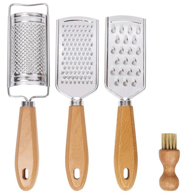 LAIBO Hand Held Cheese Graters with Cleaning Brush Set, Mini Stainless Steel Vegetable Grater with Wood Handle, Multi-purpose Kitchen Food Shredder for Chocolate Butter Nuts Ginger