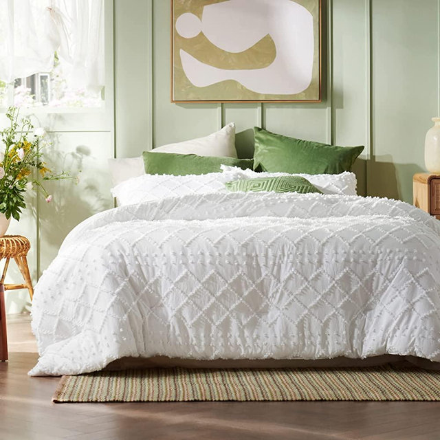 Bedsure Boho Comforter Set Queen - White Tufted Shabby Chic Bedding Comforter Set for All Seasons, 3 Pieces Western Comforter Farmhouse Modern Embroidery Bed Set for Women Men Girls