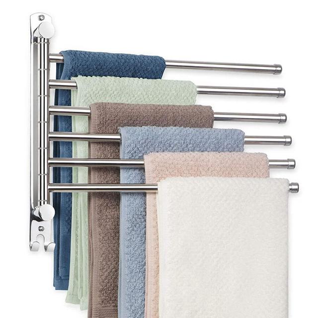 Wall Mounted Towel Bar, Swivel Towel Rack JSVER SUS304 Stainless Steel 6 Arms Towel Hanger 180° Rotation Space Saving Towel Racks for Bathroom
