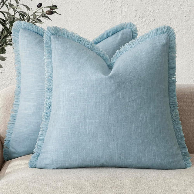 Foindtower Set of 2 Decorative Linen Fringe Throw Pillow Covers Cozy Boho Farmhouse Cushion Cover with Tassels Soft Accent Pillowcase for Couch Sofa Bed Living Room Home Decor,18×18 Inch,Light Blue