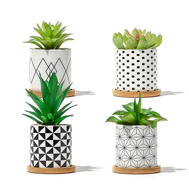 Artificial Succulents in Pots with Geometric Patterns & Bamboo Bases – Assorted Life-Like Fake Succulent Decor Set for Offices, Homes, Bedrooms, Bathrooms, Living Rooms, Desks & Shelves – 4 Pack