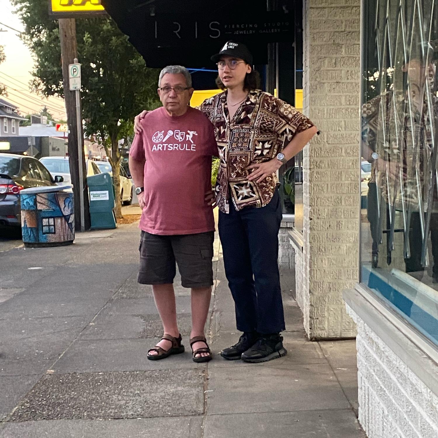 Sage and Grandbob outside of Sage's dad's shop - Portland Rocks!