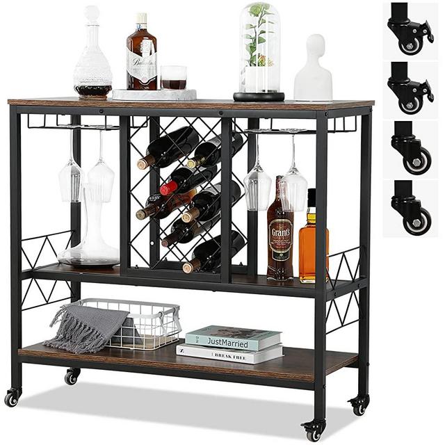 AVAWING Wine Rack Table with Lockable Wheels and Glass Holder, Industrial Metal Wine Bar Serving Cart with Storage, Brown