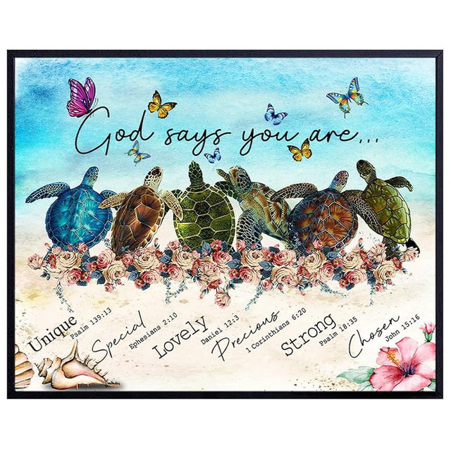 Religious Nautical Wall Art & Decor - Christian Encouragement Gifts for Women - Hawaiian Tropical Beach House Decor - Coastal Sea Turtle Print - Inspirational Spiritual Bible Verses - God Says You Are