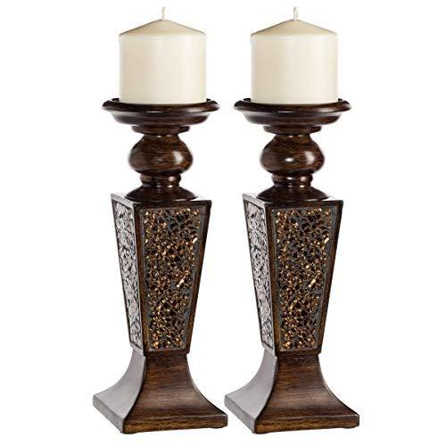 Creative Scents Schonwerk Pillar Candle Holder Set of 2- Crackled Mosaic Design- Functional Table Decorations- Centerpieces for Dining/Living Room- Best Wedding Gift (Walnut)