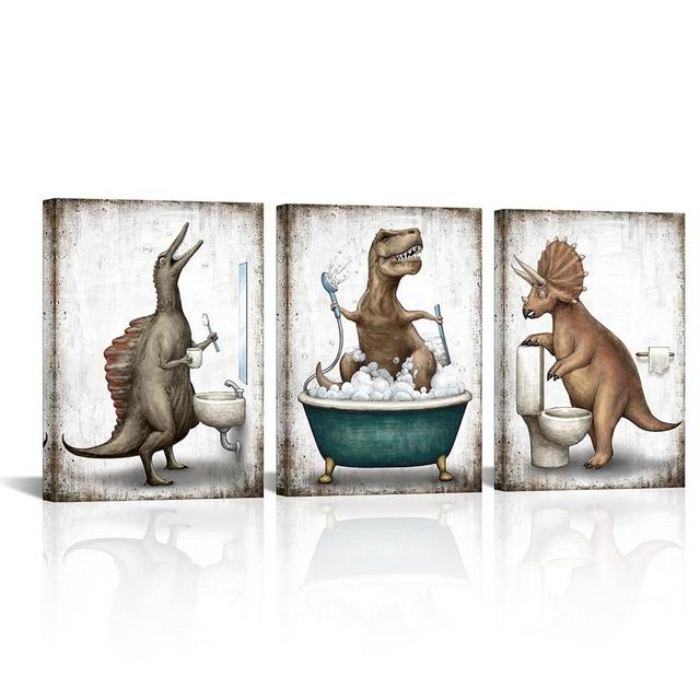 Derkymo Dinosaur Canvas Wall Art Educational Gift Home Decorations Gift Idea for Nursery and Bathroom Modern Gallery Wrapped Wall Art Prints Teen Room Decor Stretched and Framed Ready to Hang 12"x16"x3 Pieces