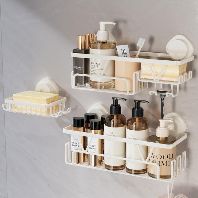 KEGII Shower Caddy Suction Cup – 3 Pack Suction Bathroom Organizer Shelf with Soap Holder & Hooks, Rustproof Removable Shower Organizer for Shampoo, Metal Bathroom Storage Rack, Cream White