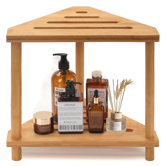 DNTYUISS Bamboo Corner Shower Stool,2-Tier Shower Foot Rest,Shower Foot Stool for Inside,Waterproof Shower Stool for Shaving Legs