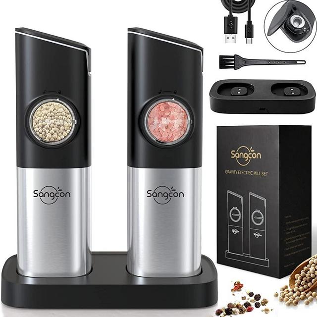 [Upgraded Larger Capacity] Sangcon Gravity Electric Salt and Pepper Grinder Set - USB Rechargeable With Dual Charging Base - Automatic One Hand Operation - Adjustable Coarseness & LED Light Refillable