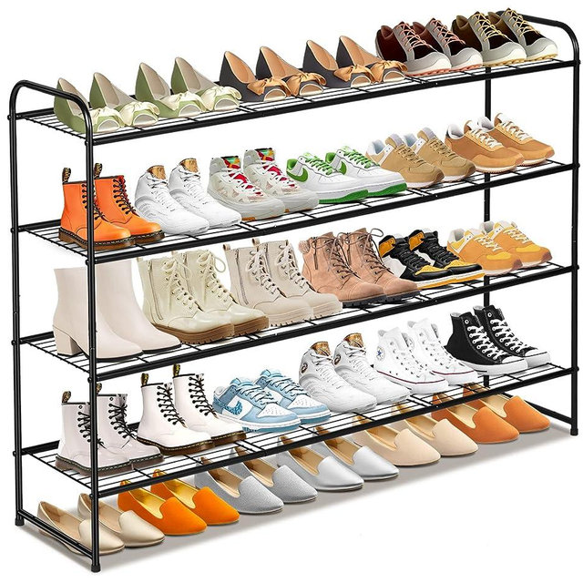 SLEEPING LAMB 4 Tier Long Shoe Organizer for Closet, Metal Shoe Rack Wide Shoe Storage Organizer 30-Pairs Shoe Shelf for Bedroom, Floor, Entryway (Black)