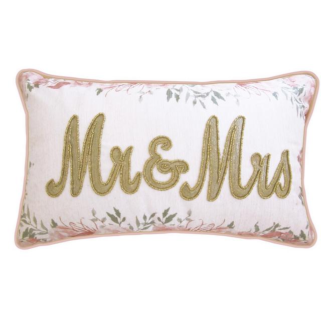 Edie@Home Celebrations Pillow Beaded "Mr & Mrs" On Floral Print with Double Flange