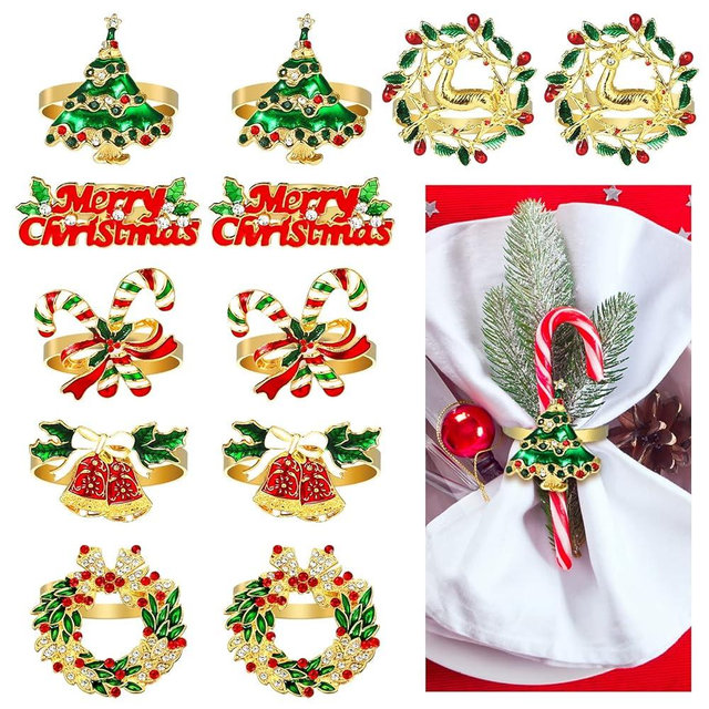 KESOTE Set of 12 Holiday Napkin Rings, Gold Christmas Napkin Holders for Cloth Napkins, Table Decorations