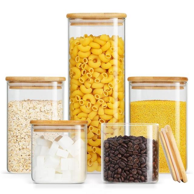 HIGLASTO Glass Food Storage Jars with Bamboo Lids Square, Includes 1 Set of 74oz, 2 Set of 41oz & 27oz Storage Kitchen Canisters Pantry For Cookies Cereal Nuts Coffee Beans (Set of 5)