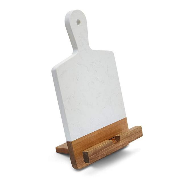 TENDER COTTAGE Marble Acacia Wood Cutting Board - CookBook Holder Adapter - Charcuterie Board - Genuine Marble Cheese Board - Mothers Day, Wedding, Housewarming - Two Toned
