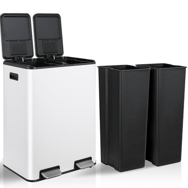Arlopu 16 Gal Dual Kitchen Trash Can, Stainless Steel Garbage Bin, Recycle Waste Dustbin, w/2 Built-in Box for Odor Control, Soft-Close Lid,2 Buckets, Foot Pedal, Side Handle, for Home Office (White)