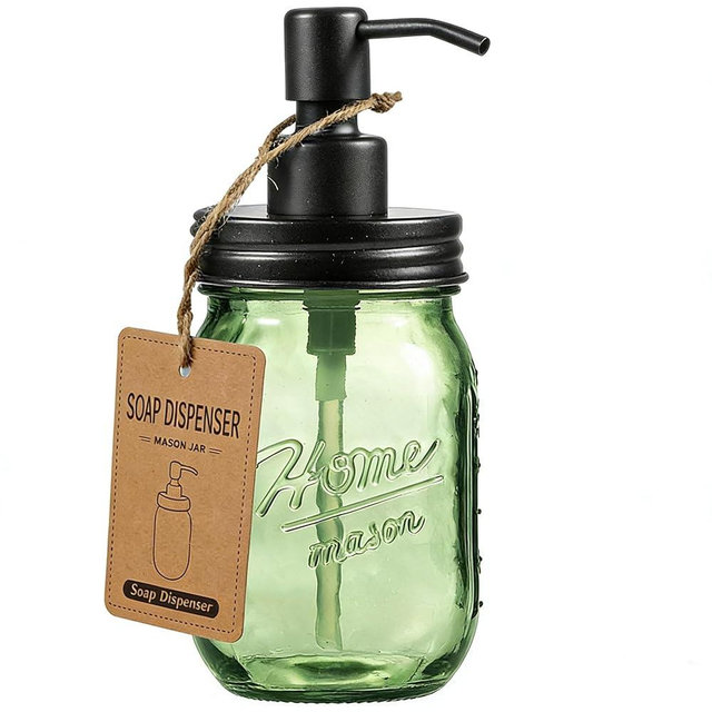 Amolliar 16OZ Green Glass Mason Jar Liquid Soap Dispenser, Metal Pump Lid, Regular Mouth Refillable Countertop Soap Dispenser For Bathroom Kitchen, Hand Soap/Dish Soap/Lotion Soap/Shampoo, Black 1Pack