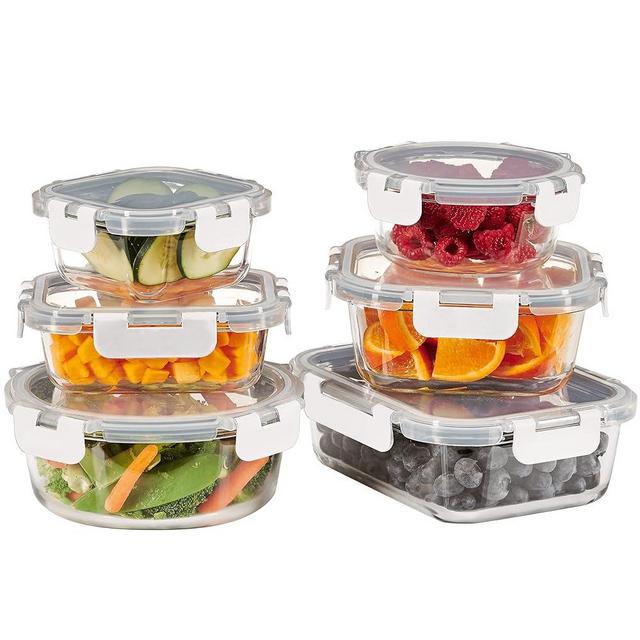 FineDine 12-Piece Superior Glass Food Storage Containers Set - Newly Innovated Hinged Locking lids - 100% Leak Proof Glass Meal Prep Containers, Great on-the-go & Freezer to Oven Safe Food Containers