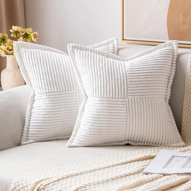 MIULEE Corduroy Pillow Covers with Splicing Set of 2 Super Soft Couch Pillow Covers Broadside Striped Decorative Textured Throw Pillows for Christmas Cushion Bed Livingroom 20 x 20 inch, White