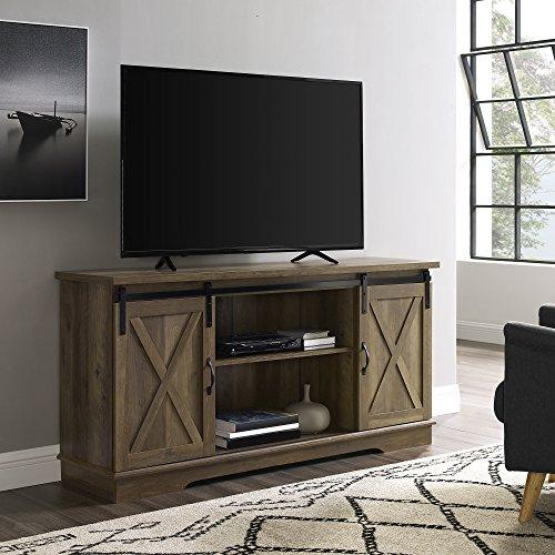 Walker Edison Furniture Company Modern Farmhouse Sliding Barndoor Wood Stand for TV's up to 65" Flat Screen Cabinet Door Living Room Storage Entertainment Center, 28 Inches Tall, Reclaimed Barnwood