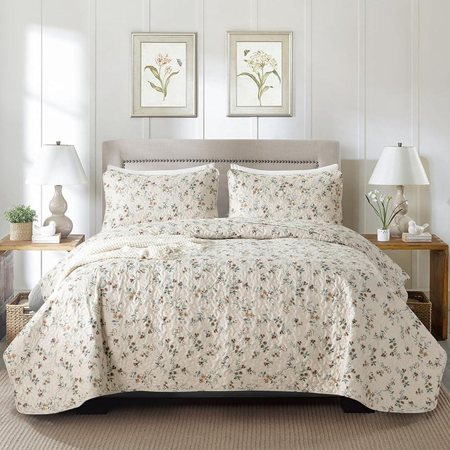 TISPLR Floral Quilt Queen Size 3 Pieces Soft Microfiber Lightweight Bedspread Quilt Bedding Set Queen Garden Style Vintage Botanical Flowers Quilt Set for All Seasons 1 Quilt and 2 Pillow Shams